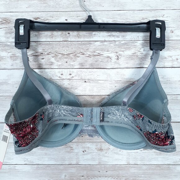 XOXO Womens Padded Push Up Bra 36C Floral Lace Top Gray Pink 127 - Picture 2 of 4